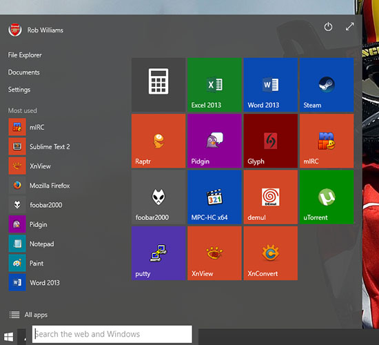 Windows 10 Transparent Start Menu