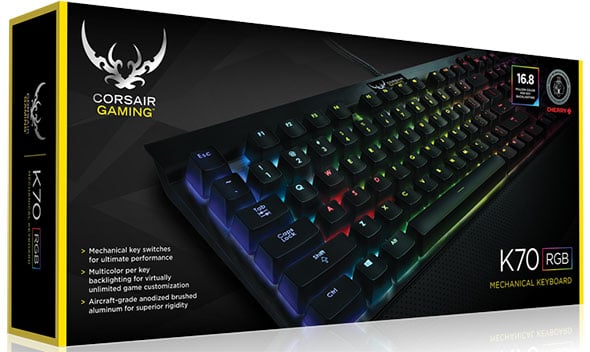 The Corsair K70 RGB mechanical keyboard is available with Cherry MX switches: red, brown, and blue