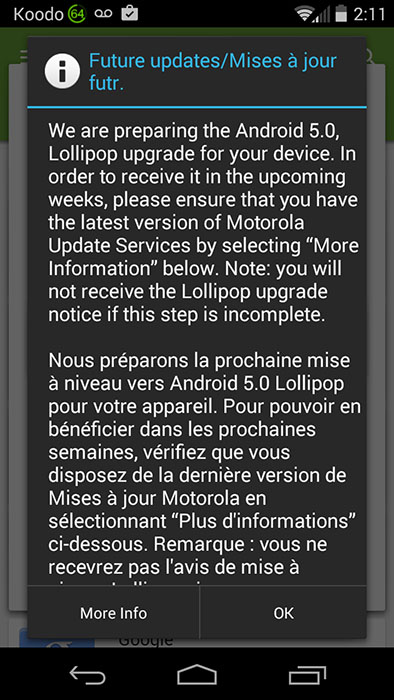 Moto G Lollipop Upgrade Message