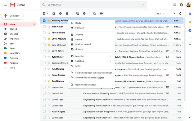 Контекстное меню Gmail, вызываемое правой кнопкой мыши