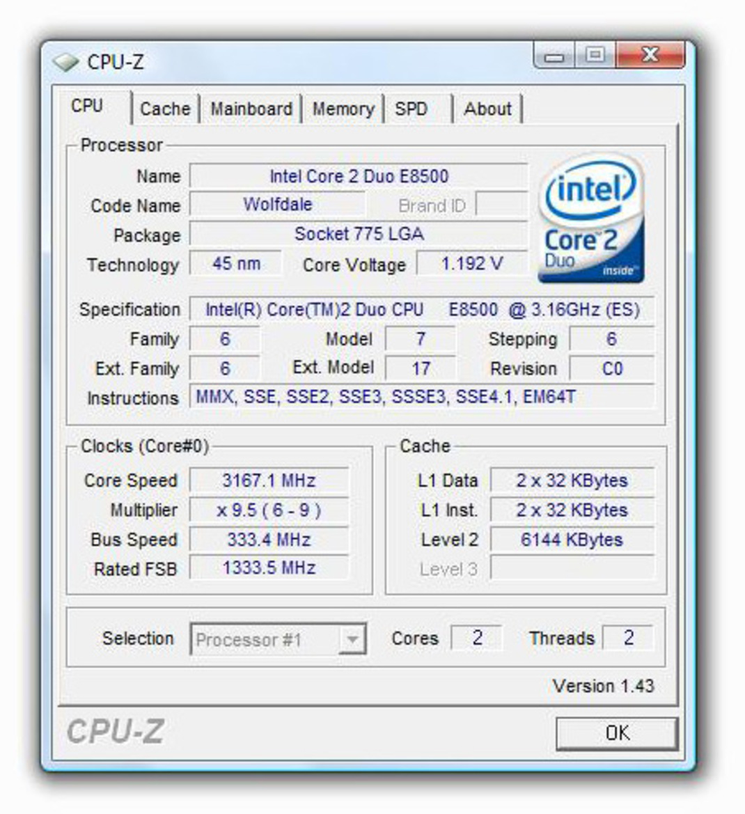 Intel Core 2 Duo E8500 Wolfdale CPU