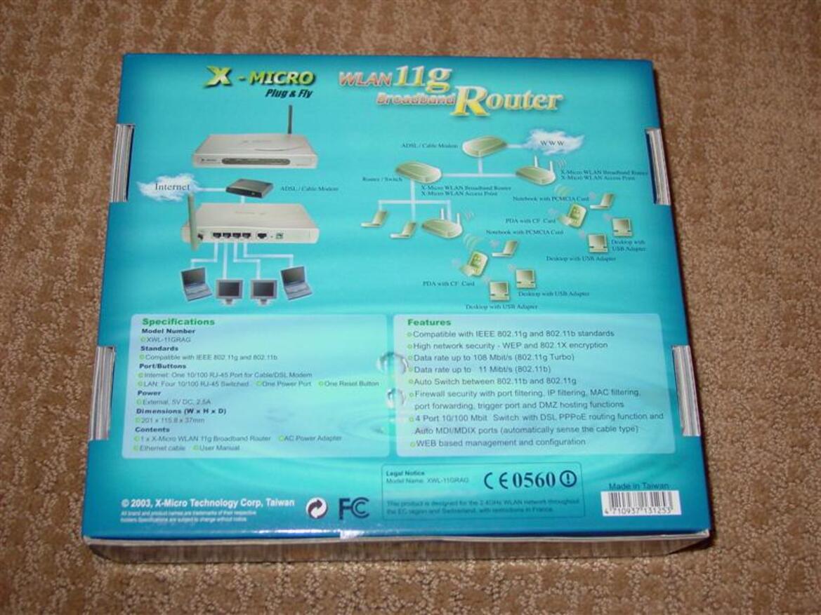 X-Micro WLAN 11g Turbo Mode Broadband Router and PCMCIA card