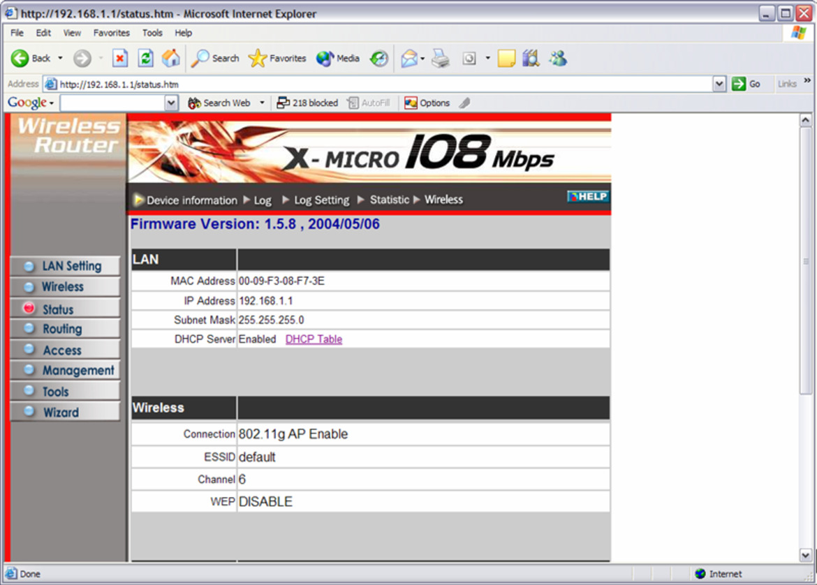 X-Micro WLAN 11g Turbo Mode Broadband Router and PCMCIA card