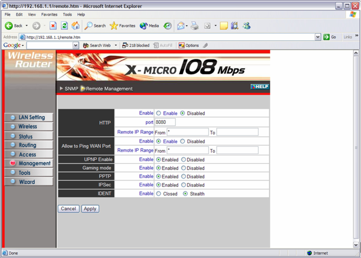 X-Micro WLAN 11g Turbo Mode Broadband Router and PCMCIA card