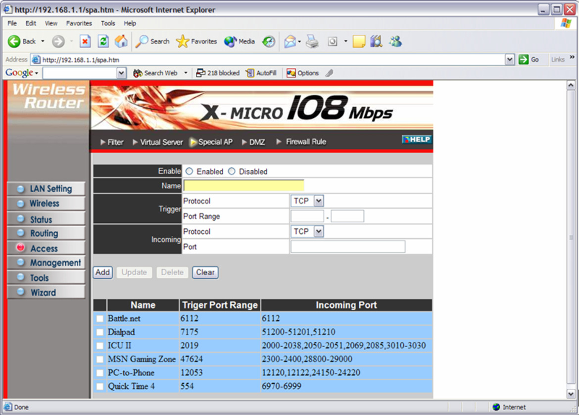 X-Micro WLAN 11g Turbo Mode Broadband Router and PCMCIA card