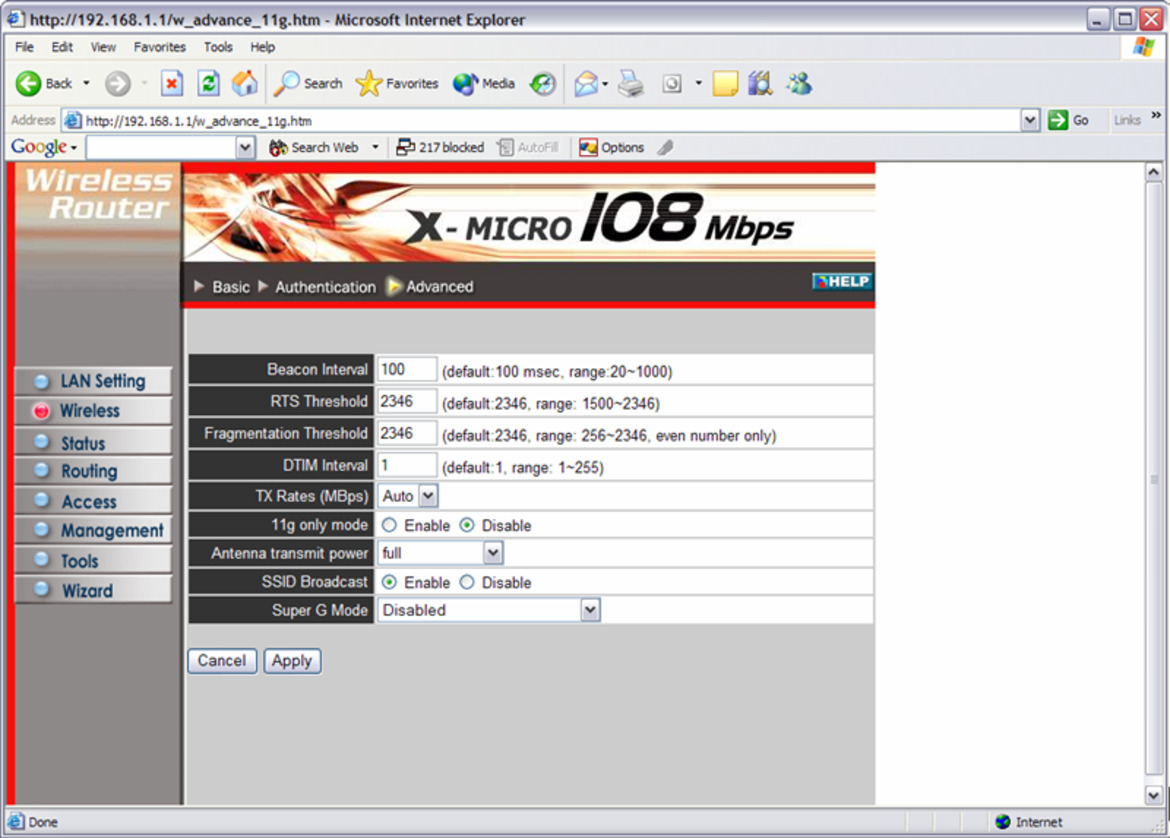 X-Micro WLAN 11g Turbo Mode Broadband Router and PCMCIA card