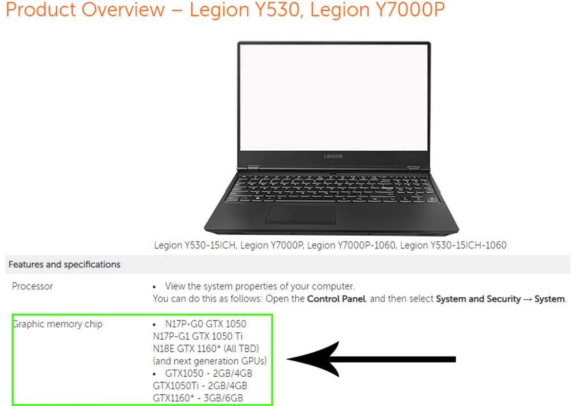 Lenovo Legion Y530 Listing Confirms Upcoming GeForce GTX 1160 Mobility GPU