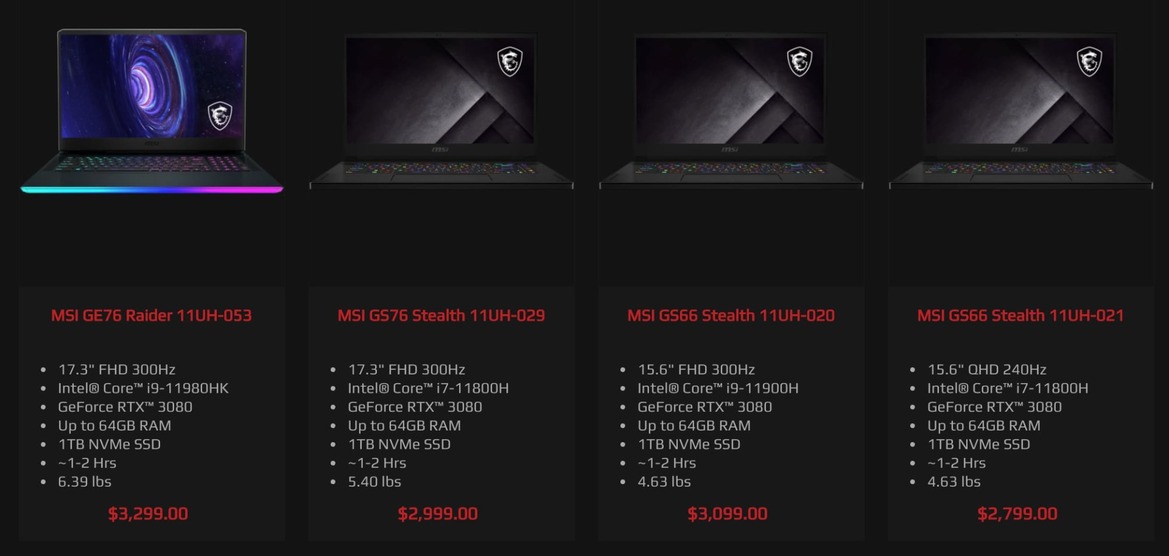 MSI Stealth And Raider Tiger Lake-H Gaming Laptops With RTX 3080 Listed For Sale Early