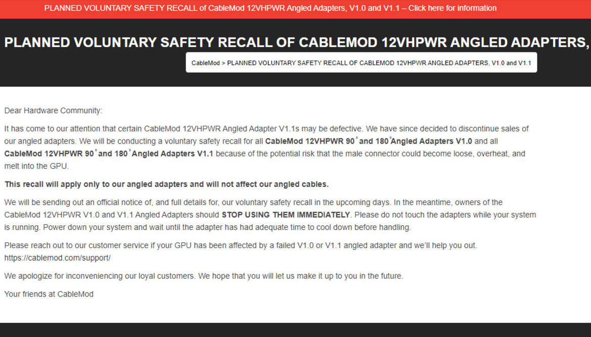 CableMod Issues Safety Recall For Its Angled 12VHPWR Adapters, What You Need To Know