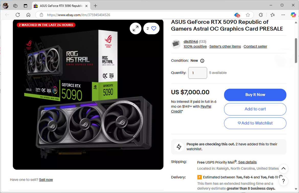 GeForce RTX 5090 Cards Are Already Being Scalped On Ebay For As Much As $7,000