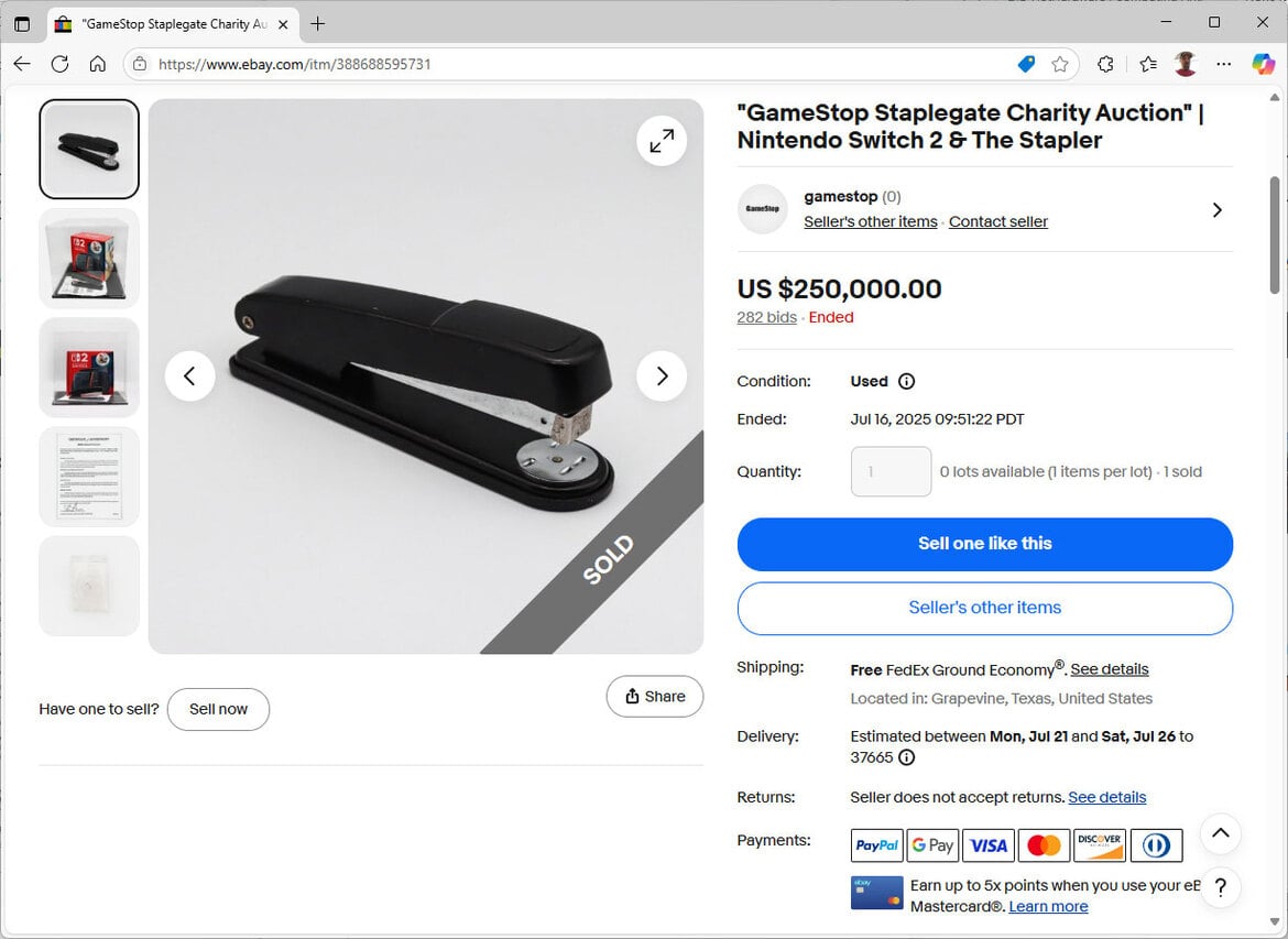 GameStop’s Switch 2-Killing Stapler Slays At Auction Fetching $250,000