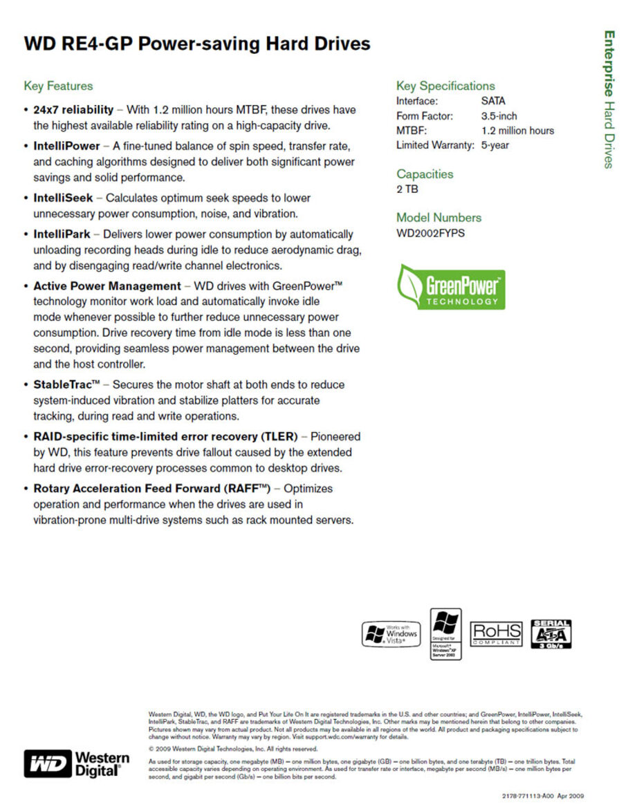 WD Ships 2TB Enterprise Class RE4-GP Hard Drive