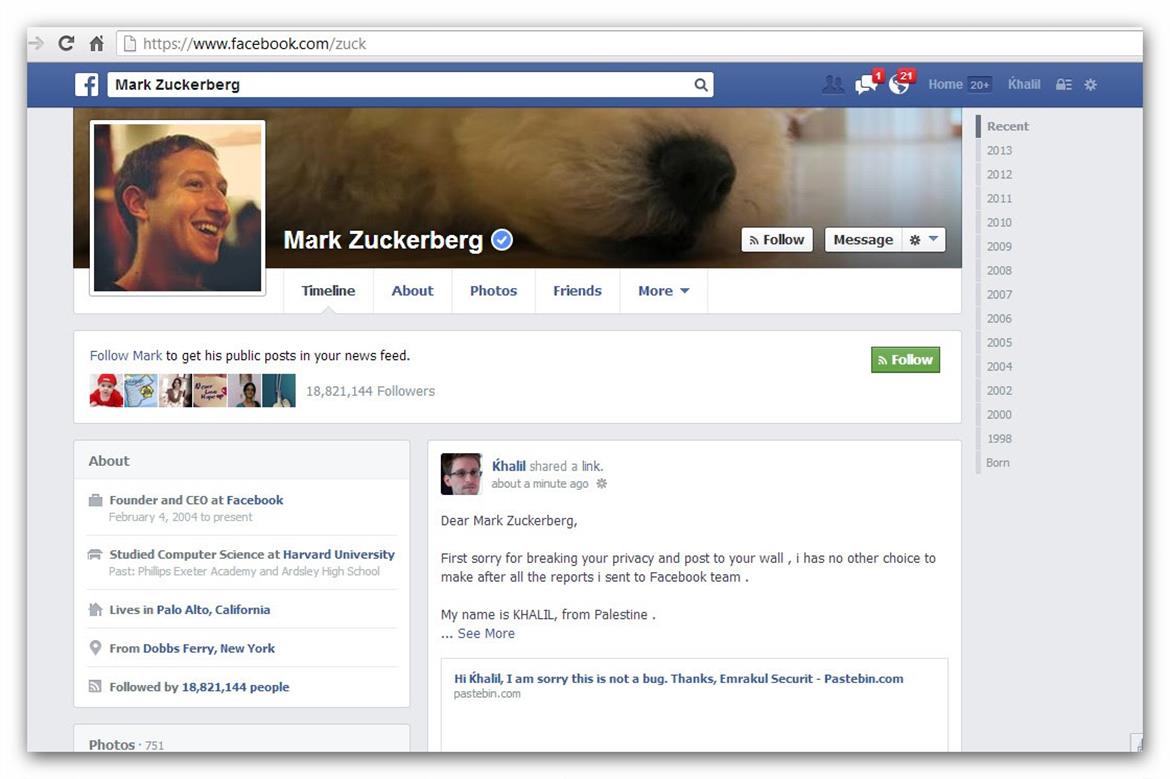 Mark Zuckerberg's Facebook Wall Hacked to Show Exploit