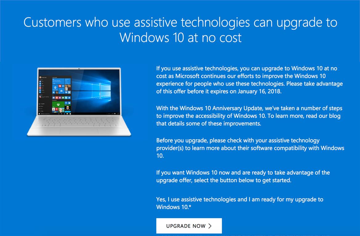 Microsoft's Free Windows 10 Assistive Technologies Upgrade Offer Is Still Alive