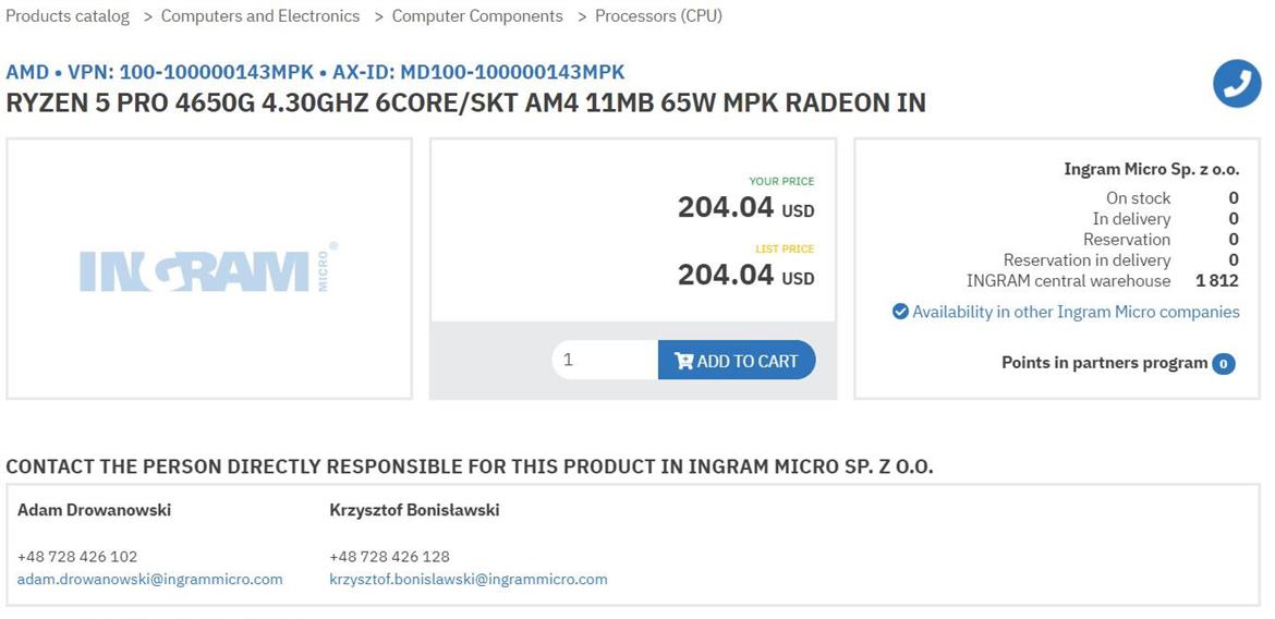 AMD Ryzen 4000 Pro Zen 2 CPU U.S. Pricing Details Leak From Ingram Micro