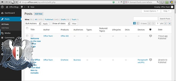 SEA screenshot of Microsoft Office Blog admin panel